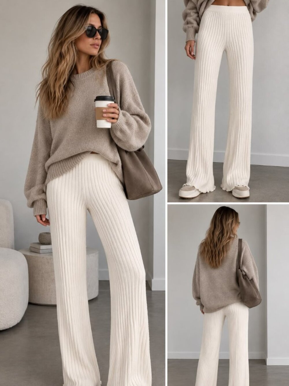 SABO Skirt Cream Ribbed Knit Wide Leg Pants Women’s M US 6 100% Cotton